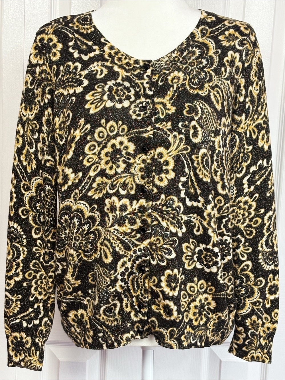 Talbots Petites Black & Gold Metallic Shimmer Floral Cardigan Sweater LP